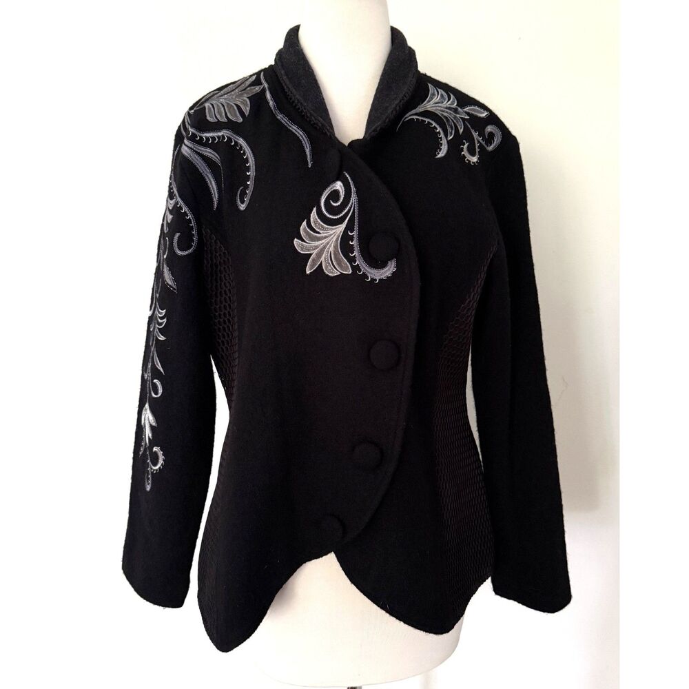 VTG Carson Black Wool Embroidered Whimsygoth Button Front Jacket Blazer Sz L